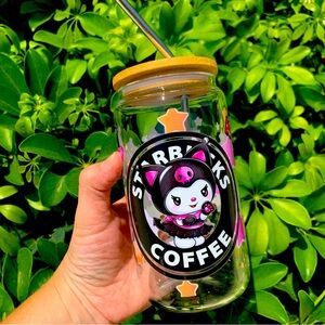 Kuromi 16oz Glass Cup Tumbler With Bamboo Lid